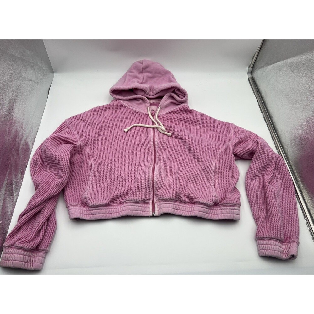 Aerie waffle zip up Crop Hoodie Pink Large Baggy Sport Preppy Lounge Soft Girl